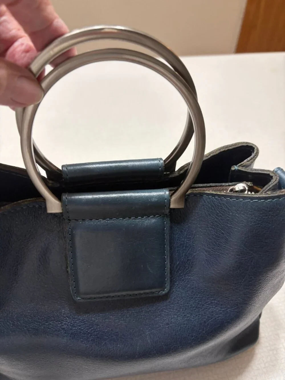 GUC Patricia Nash Navy Leather Satchel with Metal Ring Handles